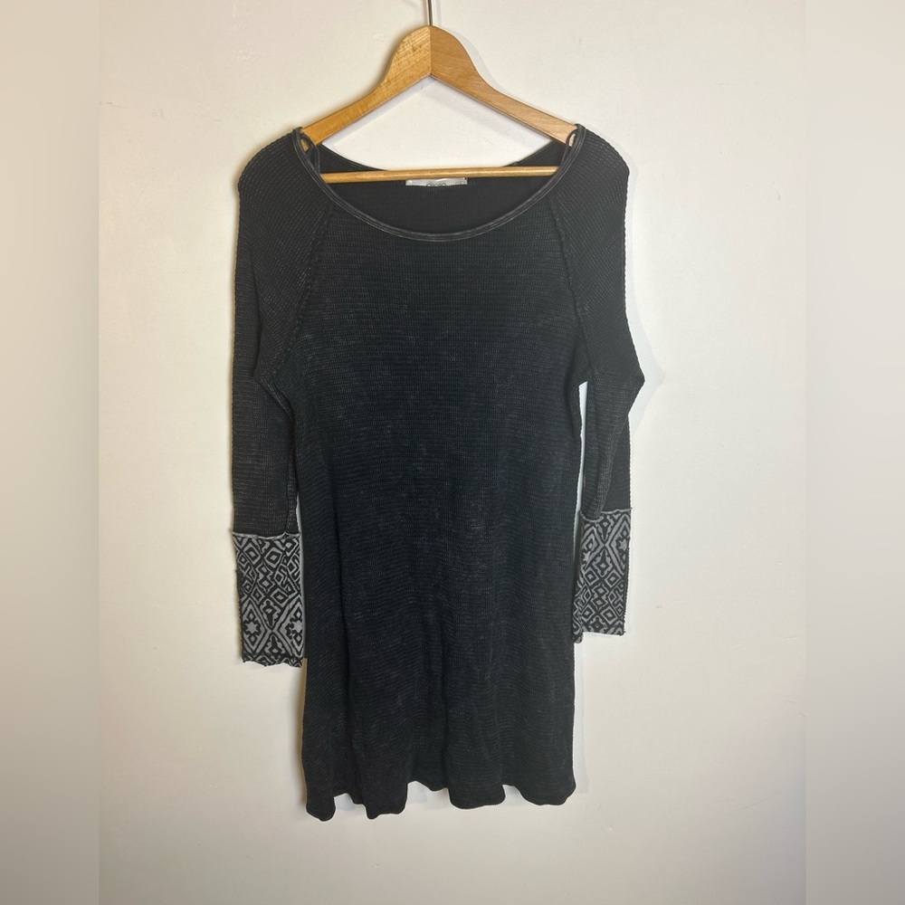 Able Made in usa Mini Dress Tunic Top Black Long Cuff Sleeve Boho Size S waffle